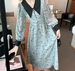 襟付き 花柄 大きいサイズ ワンピース 若見せ スリム[K](T)