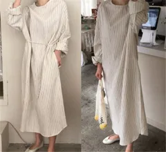 韓国ファッション  ワンピース フリル 切り替え バイカラー 体型カバー 着痩せ ストライプ柄[K](T)