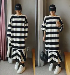 長袖ワンピース フリル 切り替え バイカラー 体型カバー 着痩せ ボーダー柄 シンプル[K](T)