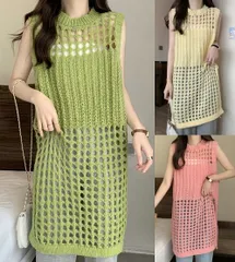 透け感ニット格子 ワンピース レイヤード ノースリーブーブ スカート[K](T)