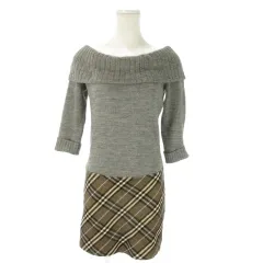 バーバリーブルーレーベル BURBERRY BLUE LABEL ドッキングワンピース ミニ 七分袖 ニット オフショルダー ロゴ刺繍 チェック 38 M グレー /AO6 ■GY18