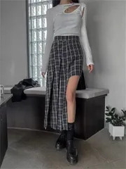アシンメトリー ハイウエスト 格子縞 プリーツスカート (T)