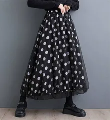 二重レーヨンスカート ロングスカート Aライン 上品  ドット ストライプ チュール 総柄 スカート エレガント 春夏秋冬 (T)