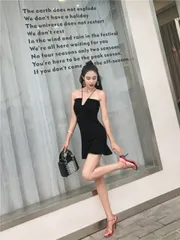 レースアップ Uネック 幾何学カット セクシー ワンピース ミニスカート[K](T)