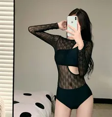 ワンピース 水着 長袖 小胸ギャザー スリム ビーチ プール ナイトプール 水着[K](T)