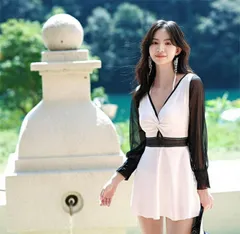 水着 薄手 ワンピース ビーチ プール ナイトプール 長袖 深みのあるV セクシー 快適[K](T)