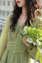 種類4：グリーン/M 着痩せ効果のあるレトロワンピース (T)