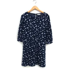 インデックス INDEX フラワープリント フレア ワンピース 7分袖 ひざ丈 ペプラム S ネイビー 紺 /FT27