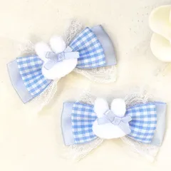 ヘアクリップリボン 水色 ギンガムチェック レース 量産型 ふわふわ うさぎ 青 地雷 ロリィタ ロリータ ゴスロリ アイドル サブカル 天使界隈 推し 姫系 イベント ヘアメ