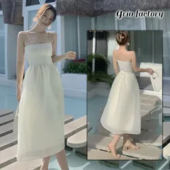 チューブトップ ワンピース キャミソールワンピース チュール  シフォン 韓国 夏 大人 ウェディング シフォン 結婚式 ドレス 白 ホワイト オフホワイト パーティー イベント 二次会 お出かけ おしゃれ かわいい キャミワンピ チュールワンピースファッショ