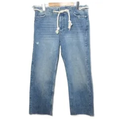 ザラウーマン ZARA WOMAN 美品 デニム パンツ ジーンズ カットオフ ロープベルト付き ダメージ加工 ボタンフライ L相当 EUR42 USA10 MEX32 175/78A 青 ブルー /X