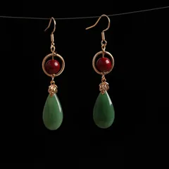 ドロップピアス 天然石風 グリーン×レッド ロング アンティーク調