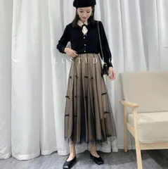 ロングスカート チュールスカート ハイウエスト リボン 可愛い レディース  韓国 ファッション 雑貨 かわいい おしゃれ 北欧 送料無料 [K] (T)