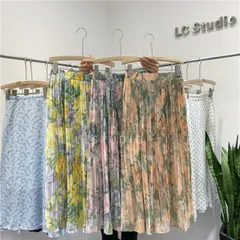 ロングスカート プリーツスカート 花柄 レディース シフォン 韓国 ファッション 雑貨 かわいい おしゃれ 北欧 送料無料 [K] (T)