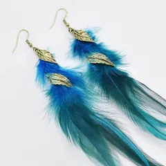 フェザー ピアス ブルー 羽根 ゴールドリーフ ボヘミアン ロングピアス