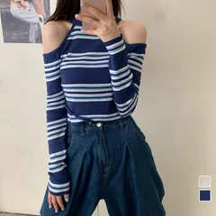 肩開き ボーダー柄ニットトップス 韓国ファッション肩開き ボーダー柄ニットトップス 韓国ファッション(T)