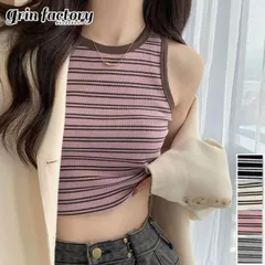 リブニット タンクトップ ボーダー クロップド丈 ショート丈 タンクトップ レディース キャミソール インナー セクシー おしゃれ カジュアル アメカジ ハイネック 韓国ファッション 夏 ブラック アイボリー グレー ピンク (T)