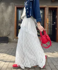 ティアードロングスカート白レーススカート (T)