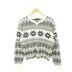 アズールバイマウジー AZUL by moussy ノルディック柄Vネックニットプルオーバー 長袖 総柄 S 白 ホワイト 黒 ブラック 251CSM70-034I /AH14 ■GY11