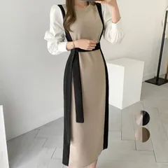 袖切り替え ニットワンピース ロング配色(T)