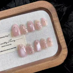 【10枚入り】ネイルチップ 3Dデザイン ロング＆ショート 韓国風 可愛い 付け爪 青・赤・ピンク・黒 地雷系 キャッツアイ ラインストーン付き 入学式・卒業式・成人式・結婚式にも (TC01, S) 1