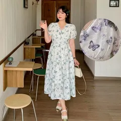 種類16：パープル/ロング丈/2L 可愛い蝶々柄パフスリーブワンピース (T)