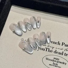 ネイルチップ 3D立体感 手作りネイルチップネイルチップ 人気 韓国 夏 青 春秋冬 ショート 付け爪 可愛い つけ爪 おしゃれ 入学式 卒業式 成人式 結婚式 地雷系ラインストーンキャッツアイ 10枚入おしゃれ (044, M) 1