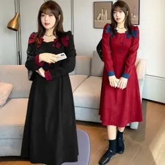 2色 2L～6L 大きいサイズ バイカラー 可愛いリボン付き ハイウエスト 厚め 長袖ワンピース(T)