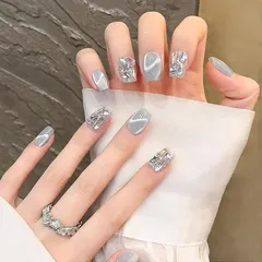 Chisafly ネイルチップ ショート 短め つけ爪 100%ハンドメイド 青 夏 マグネットネイル 水色 手作り ミディアム 両面テープ付き 再利用可能（さざ波M） 0