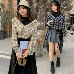 大人可愛いチェック柄重ねる風シャツブラウス (T)