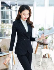 種類12：ネイビー/5L/ジャケット+パンツ OL通勤　ストライプレディーススーツ (T)