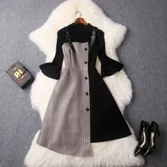 パーティードレス パーティドレス フォーマルドレス 二次会 披露宴 注目される 異素材切替 ニットトップスワンピース 2枚セット(T)