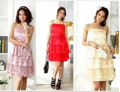 種類1：ピンク/F 結婚式 パーティー 5段フレア ドレス ワンピース (T)