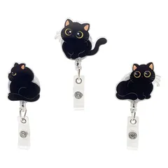 [NATUAKE] 猫 リールクリップ 名札 可愛い 3個セット アクリル製 ネームホルダー カードホルダー クリップ リール キーホルダー 伸縮 黒猫 1