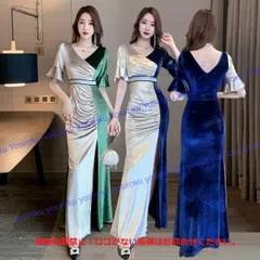 キャバドレス 前スリット入り セクシーSライン バイカラーベルベットロングドレス (T)