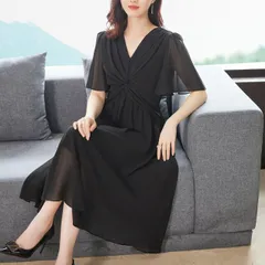 種類1：ブラック/L 大きいサイズ 大人優雅印象 フロントクロス 柔かい新フォンワンピース (T)