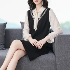 L～6L 大きいサイズ 通勤 パーティードレス パーティドレス フォーマルドレス 上品感 バイカラー 異素材切替 胸元リボン重ねる風ワンピース(T)