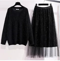 種類1：3L/スカート ラメ入りニットトップス スパンコールスカート セットアップ (T)