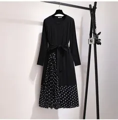 3L7L 大きいサイズ ぽっちゃりさん 大人可愛い 重ねる風 ドット柄切替 ワンピース(T)