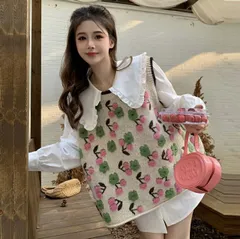 種類5：2L/ピンクサクランボベスト 可愛いサクランボニットベストとフリル襟シャツ (T)