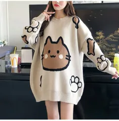 2色 3L～6L相当 ゆったり 柔らかいニット可愛い猫柄 猫ちゃん ニットトップス プルオーバー(T)