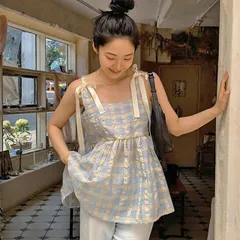 チェック柄リボン付きビスチェキャミソール (T)