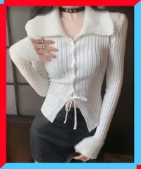 新品 レディース レースアップ リブニットトップス タイト 着やせ 編み上げ 長袖 韓国風【送料無料】