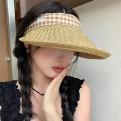 サンバイザー　麦わら帽子　UVカット　春夏　チェック柄 (T)