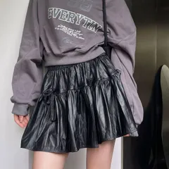 レザー風フロントリボンフレアミニスカート (T)