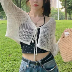 リボンカーディガン　メッシュ　ショート丈 (T)