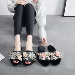 スリッパ ファーサンダル ルームシューズ レディース ファッション フラワー[K](T)