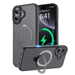 【在庫セール】リング ストラップホール付き スマホケース 用 (半透明＋ブラック) 用 アイフォン17 落下保護 滑り止め 黄ばみ防 耐久性 耐衝撃 カメラコントロールカバー付き 定点360度回転スタンド マグネット搭載 磁気リング ワイヤレス充電 対応 Ma