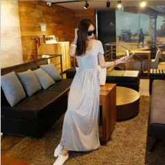 ワンピース ハイウエスト 半袖 綿 レディース 無地  韓国 ファッション 雑貨 かわいい おしゃれ 北欧 送料無料 [K] (T)