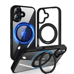 【新着商品】MagSafe対応 縦横両対応 360°回転スタンド 高耐久性 マグネット搭載 米軍MIL規格 強磁力リング 黄ばみにくい 耐衝撃 magsafe 指紋防止 ケース 用 アイフォン17用ケース（6.3インチ）背殻クリア iPhone17 ブラック